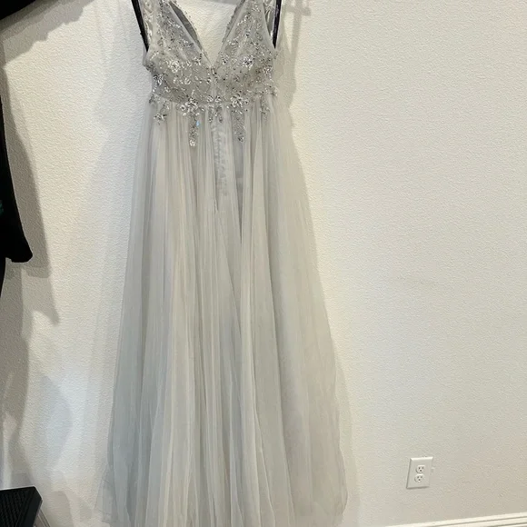 Elegant Silver Embellished Evening Gown - Picture 5 of 16